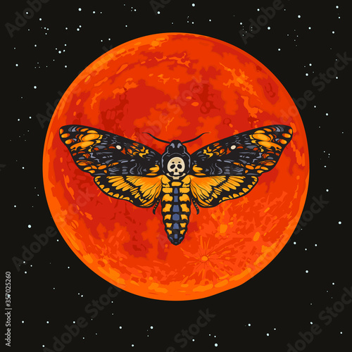 Deaths head hawkmoth on the full red Moon background. Skull moth butterfly Vector illustration.