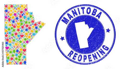 Celebrating Manitoba Province map mosaic and reopening grunge stamp seal. Vector mosaic Manitoba Province map is formed from scattered stars, hearts, balloons.