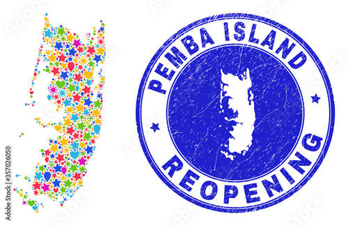Celebrating Pemba island map collage and reopening scratched stamp seal. Vector collage Pemba island map is created of randomized stars, hearts, balloons.