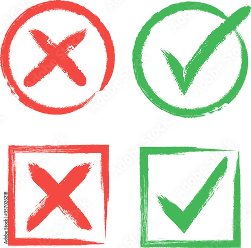 Tick and Cross sign elements. vector buttons for vote, election choice, check marks, approval signs design. Red X and green OK symbol icons check boxes. Check list marks, choice options, survey signs.