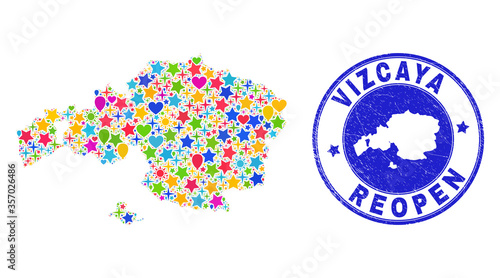 Celebrating Vizcaya Province map collage and reopening unclean watermark. Vector collage Vizcaya Province map is formed with random stars, hearts, balloons.