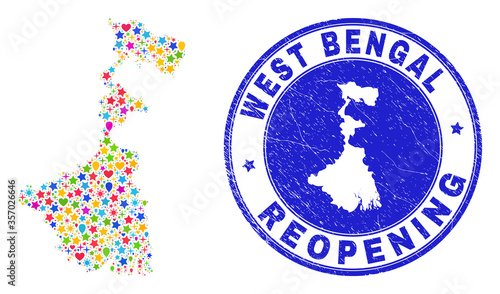 Celebrating West Bengal State map collage and reopening rubber stamp seal. Vector collage West Bengal State map is designed with randomized stars, hearts, balloons.