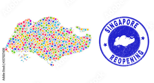 Celebrating Singapore map collage and reopening unclean stamp seal. Vector collage Singapore map is composed of scattered stars, hearts, balloons.