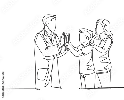 Single line drawing of young happy male doctor checking up sick patient boy and giving high five gesture. Medical healthcare concept continuous line draw design graphic vector illustration