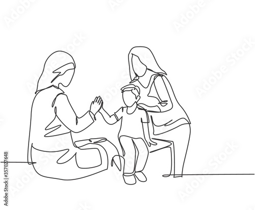 Single line drawing of young happy female doctor checking up sick patient boy and giving high five gesture. Medical healthcare concept. Trendy continuous line draw design vector graphic illustration