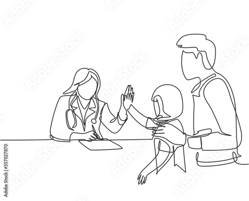 Single line drawing of young happy female doctor checking up sick patient girl and giving high five gesture. Medical healthcare concept continuous line draw graphic design vector illustration