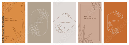 Vector design templates in simple modern style with copy space for text, flowers and leaves - wedding invitation backgrounds and frames, social media stories wallpapers, greeting card designs