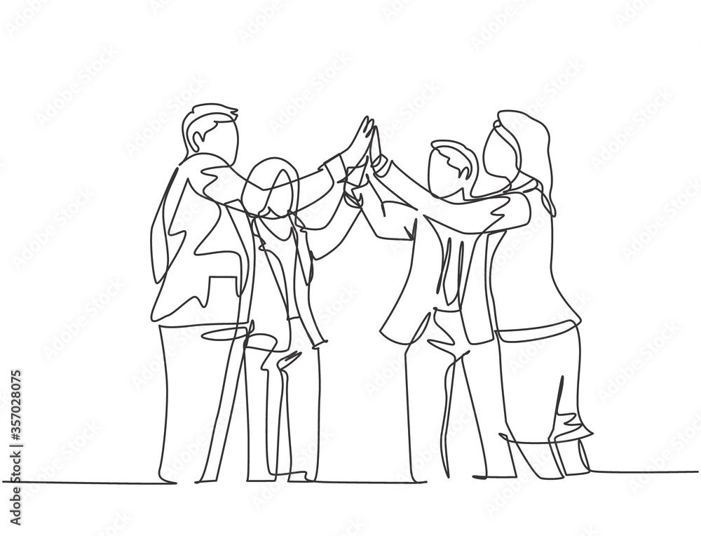 One line drawing of young businessmen and businesswomen celebrating their successive goal at the business meeting with high five gesture. Business deal concept continuous line draw design illustration One line drawing of young businessmen and businesswomen celebrating their successive goal at the business meeting with high five gesture. Business deal concept continuous line draw design illustration