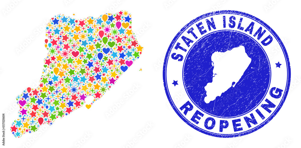 Celebrating Staten Island map mosaic and reopening rubber stamp seal. Vector mosaic Staten Island map is done with randomized stars, hearts, balloons. Celebrating Staten Island map mosaic and reopening rubber stamp seal. Vector mosaic Staten Island map is done with randomized stars, hearts, balloons.