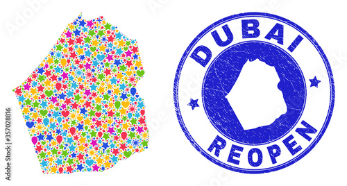 Celebrating Dubai Emirate map mosaic and reopening corroded watermark. Vector mosaic Dubai Emirate map is done with scattered stars, hearts, balloons.