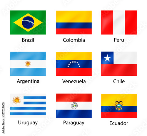 South America flags with captions for illustration of travel, election, holidays. Set of vector national symbols with wavy texture isolated on white.