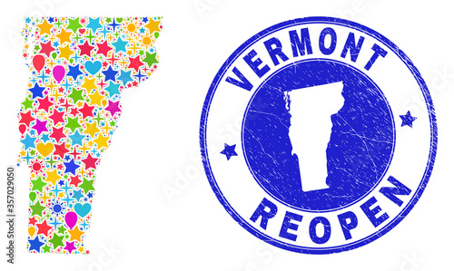 Celebrating Vermont State map mosaic and reopening grunge watermark. Vector collage Vermont State map is done with randomized stars, hearts, balloons.