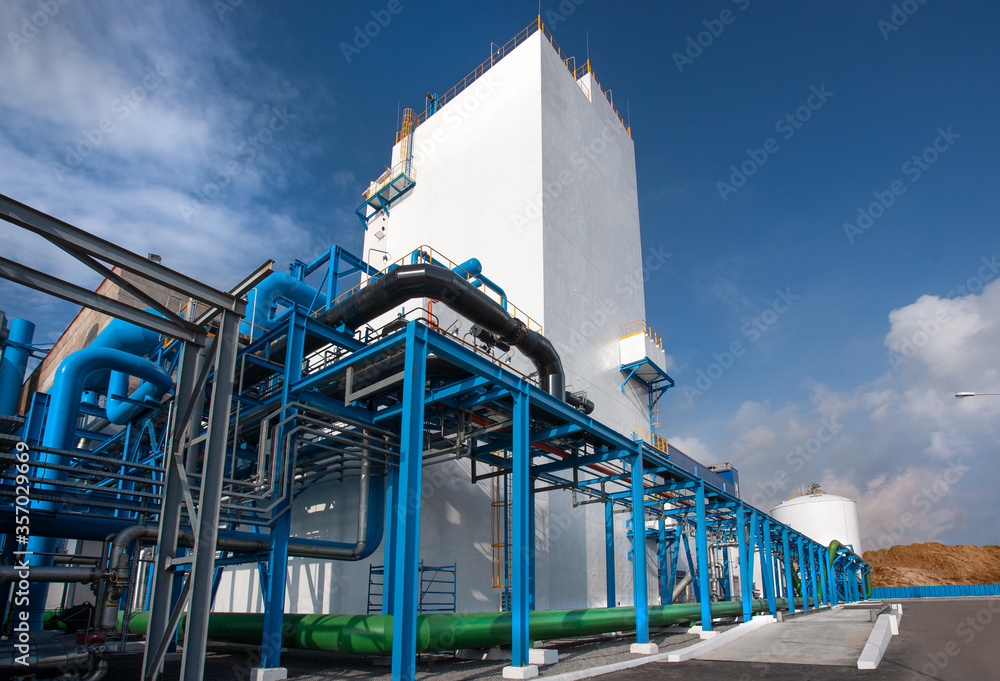 Air-separating factory for producing industrial gases, blue pipes Air-separating factory for producing industrial gases, blue pipes