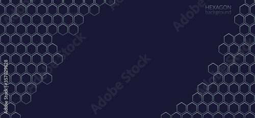 Vector abstract, geometric background, metallic gray hexagonal shapes on a dark blue gradient background. For banner, printing design, place for text. Copyspace.