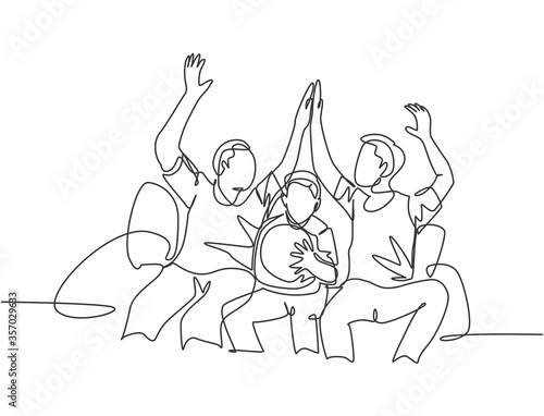 One line drawing of fans siting on sofa and watching their favorite club playing the match on television and giving high five gesture. Fans club concept continuous line draw design vector illustration