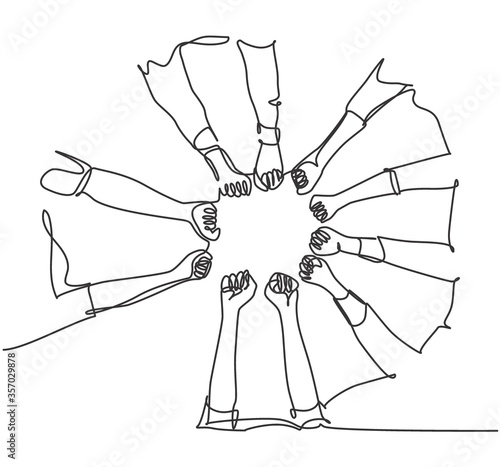 One line drawing of young happy people fist and join their hands together and create circle shape. Business team building concept continuous line draw design vector graphic illustration