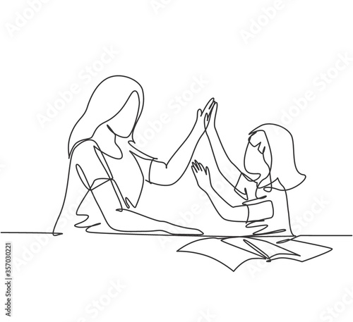 One line drawing of young happy mother accompany her daughter study studying and reading book while giving high five gesture. Parenting concept continuous line draw design graphic vector illustration