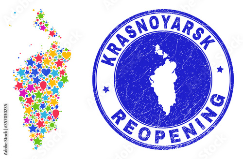 Celebrating Krasnoyarskiy Kray map mosaic and reopening rubber watermark. Vector mosaic Krasnoyarskiy Kray map is designed of random stars, hearts, balloons.