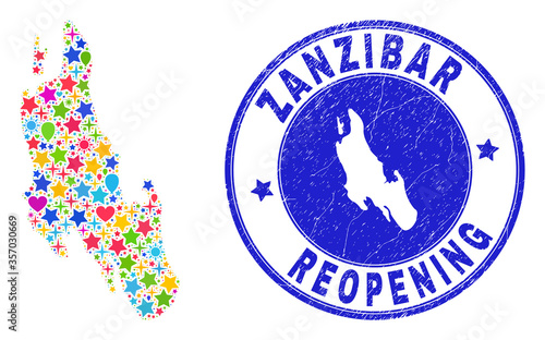 Celebrating Zanzibar Island map collage and reopening dirty stamp seal. Vector collage Zanzibar Island map is created with randomized stars, hearts, balloons.