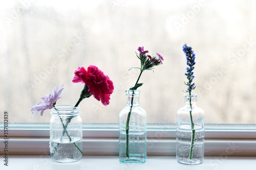 Beautiful pink, blue, and purple flowers in glass jars sitting in a window sill.