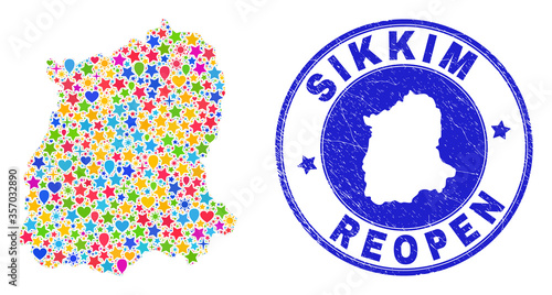 Celebrating Sikkim State map collage and reopening corroded watermark. Vector collage Sikkim State map is composed with randomized stars, hearts, balloons.