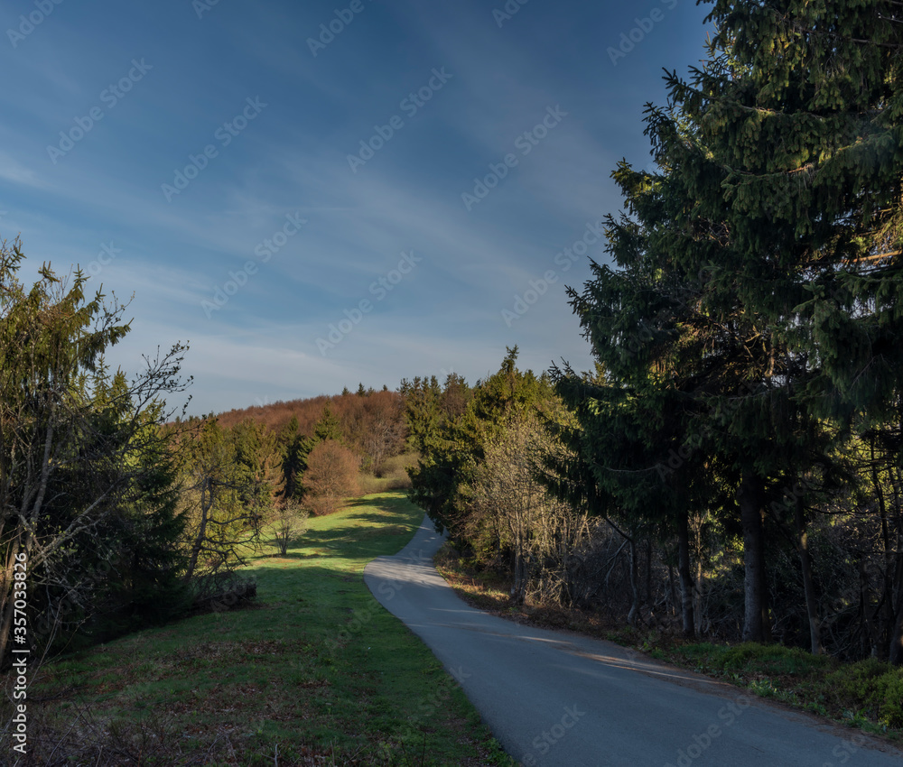 Road between Pustevny and Radhost hill in spring color morning
