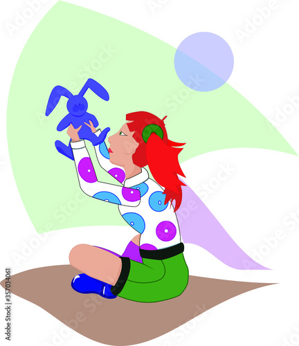 Girl sitting and plays with a teddy hare.  
The girl has red hair. Blue and pink donuts are painted on her shirt. On the background geometric shapes of light colors. Сhildren's illustration.