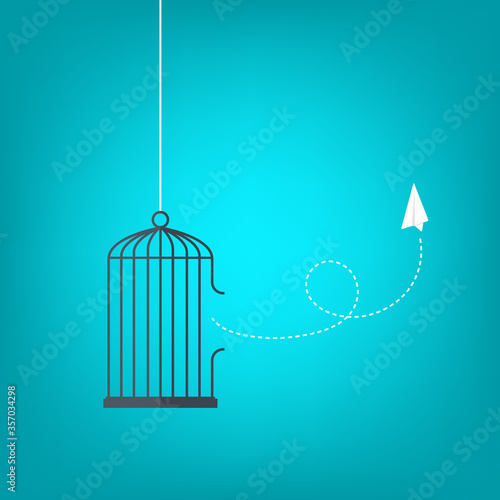 Flying paper plane and cage. Freedom concept. Emotion of freedom and happiness. Minimalist style. 
