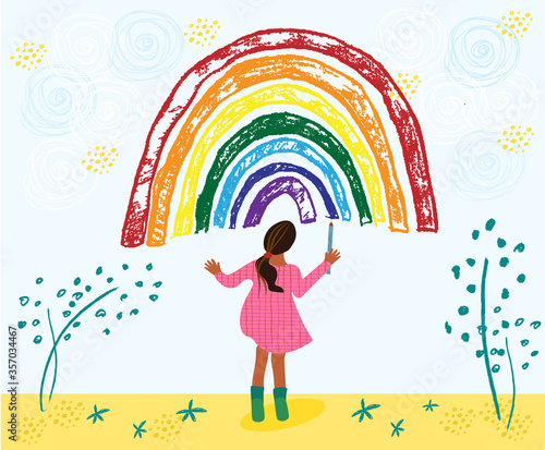 Little african american toddler girl is drawing rainbow. Kid painting rainbow on the sky. Hand drawn vector cartoon illustration 