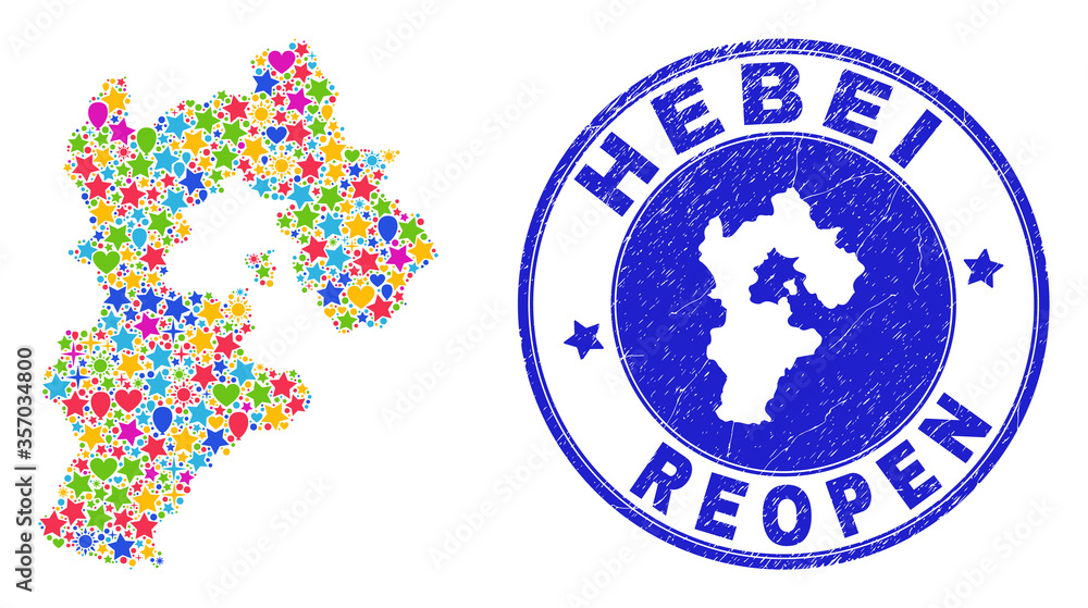 Celebrating Hebei Province map mosaic and reopening rubber watermark. Vector mosaic Hebei Province map is formed of random stars, hearts, balloons. Celebrating Hebei Province map mosaic and reopening rubber watermark. Vector mosaic Hebei Province map is formed of random stars, hearts, balloons.