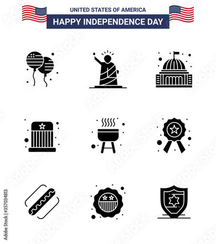 4th July USA Happy Independence Day Icon Symbols Group of 9 Modern Solid Glyphs of hat; entertainment; usa; circus; landmark photo