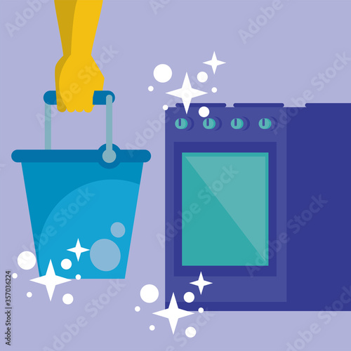 hand with rubber glove and bucket housekeeping accessory