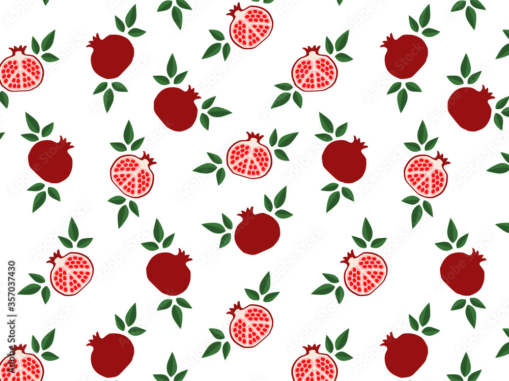 Ταπετσαρία Pattern pomegranate white, red with green leaves and seeds vector eps 10