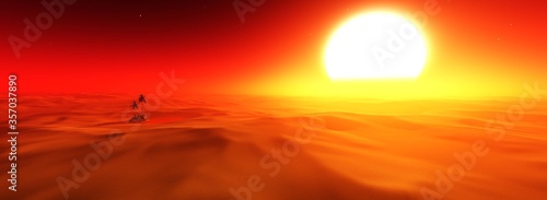 Beautiful sunset in the sand desert and oasis on the horizon 3D rendering