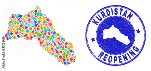Celebrating Kurdistan map collage and reopening corroded watermark. Vector collage Kurdistan map is composed of scattered stars, hearts, balloons.