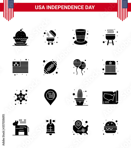 16 USA Solid Glyph Signs Independence Day Celebration Symbols of usa; country; american; cook; barbecue photo