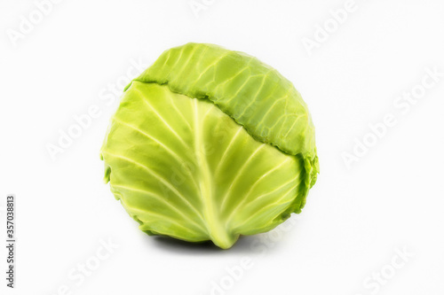 Fresh green juicy cabbage on a white background.