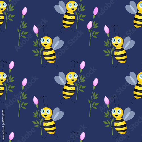 Seamless pattern with bees and flowers on blue background. Vector illustration. Adorable cartoon character. Template design for invitation  cards  textile  fabric. Bee with rose. Flat style.