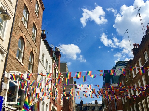 Rainbow color flags decorating streets of Soho for London Gay Pride