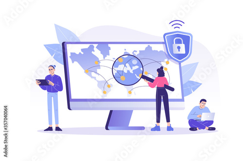 VPN Service Concept. People using VPN security software for computers and smartphones. Virtual Private Network. Secure network connection and privacy protection. Isolated modern vector illustration