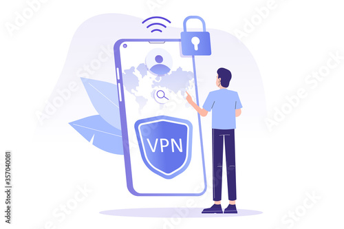 VPN Service Concept. Young man using VPN to protect his personal data in smartphone. Virtual Private Network. Secure network connection and privacy protection. Isolated modern vector illustration photo
