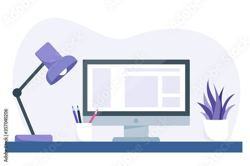Modern workspace concept, computer on desk with light lamp, pen and pencil, succulent indoor plant. Freelance work at home. Vector illustration in purple and blue colors.