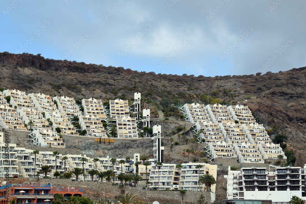 Apartment Blocks Covering Steep Hillside of Resort in Gran Canaria Spain 