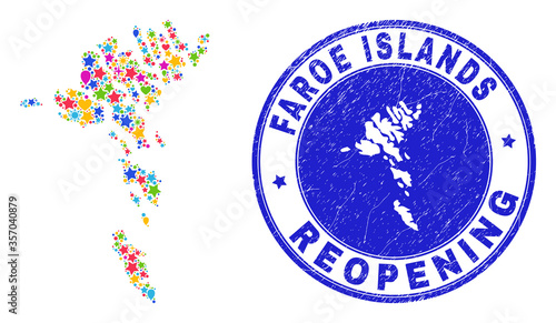 Celebrating Faroe Islands map collage and reopening rubber seal. Vector collage Faroe Islands map is designed with randomized stars, hearts, balloons.