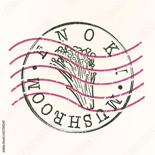 Enoki Stamp Postal. Japanese Mushroom Silhouette Seal. Passport Round Design. Vector Icon. Design Retro Travel.