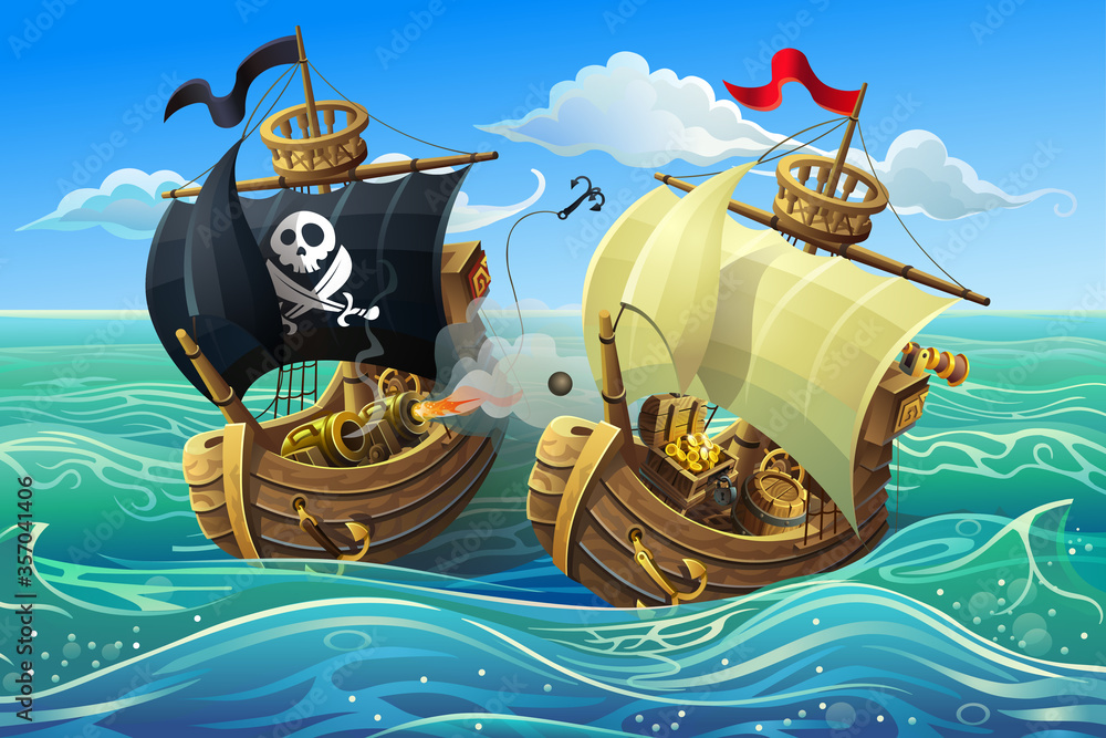 Naklejka premium Bitwa morska drewnianych statków. Atak piratów na statek handlowy. Ilustracji wektorowych.