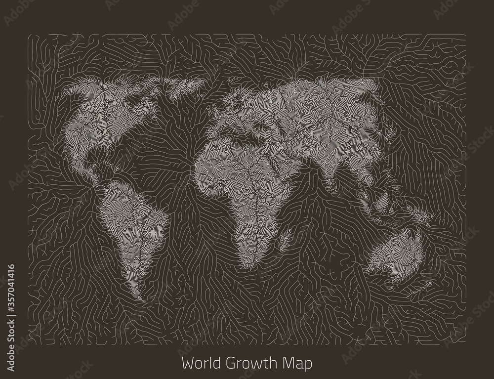 Vector world map. Generative growth structure in form of continents. Organic texture with geographic silhouettes. Africa centered