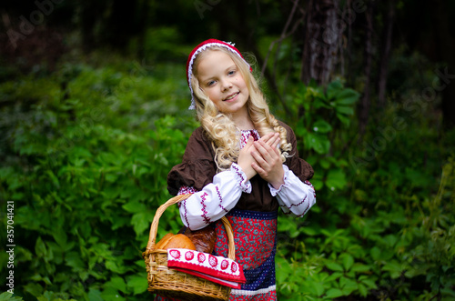 Little Red Riding Hood, girl, forest, summer, spring, standing, looking, fairy tale, basket with pies, long hair blonde