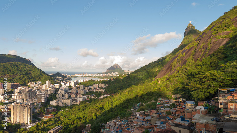 View of Rio from the hills behind the city. Cristo Redentor is visible on the mountain.