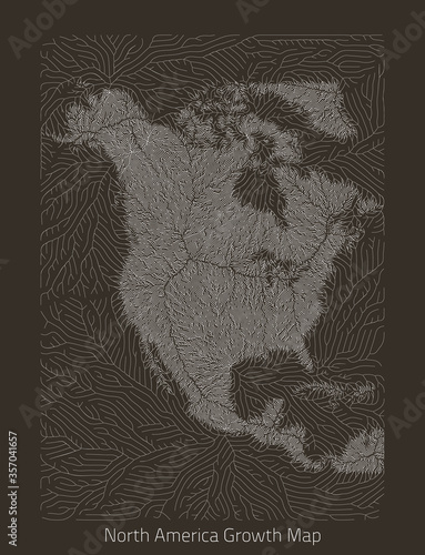 Vector North America map. Generative growth structure in form of continent. Organic texture with geographic silhouettes.